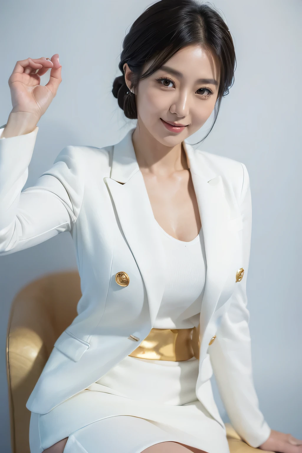 (8k, best quality, masterpiece, golden ratio composition,:1.3),(A beautiful Japanese mature female, 34 years old, Asian face, white suit, white mini skirt,smile:1.2), (huge breasts:1.1), (Zoom out shot:1.3), city,