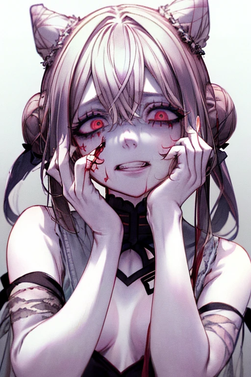 (masterpiece:1.2, Highest quality), (Actual Photos, Intricate details、Anatomically correct), (1 female, alone, Upper Body, Small breasts) 、Eyes Wide Open、Scary atmosphere、Distorted facial expressions、Twisted Smile、bleeding from the face,、Blood splatter、Blood splatter、whole body、Punk Fashion、Chinese clothing、Red eyeshadow、Bun twin tail、Black Hair、(((Dark circles under the eyes)))、Pale skin、Feeling unwell、Pathological、Wicked Smile、Crazy Eyes、(Grin)Dramatic makeup,Create mixed media art、White Background