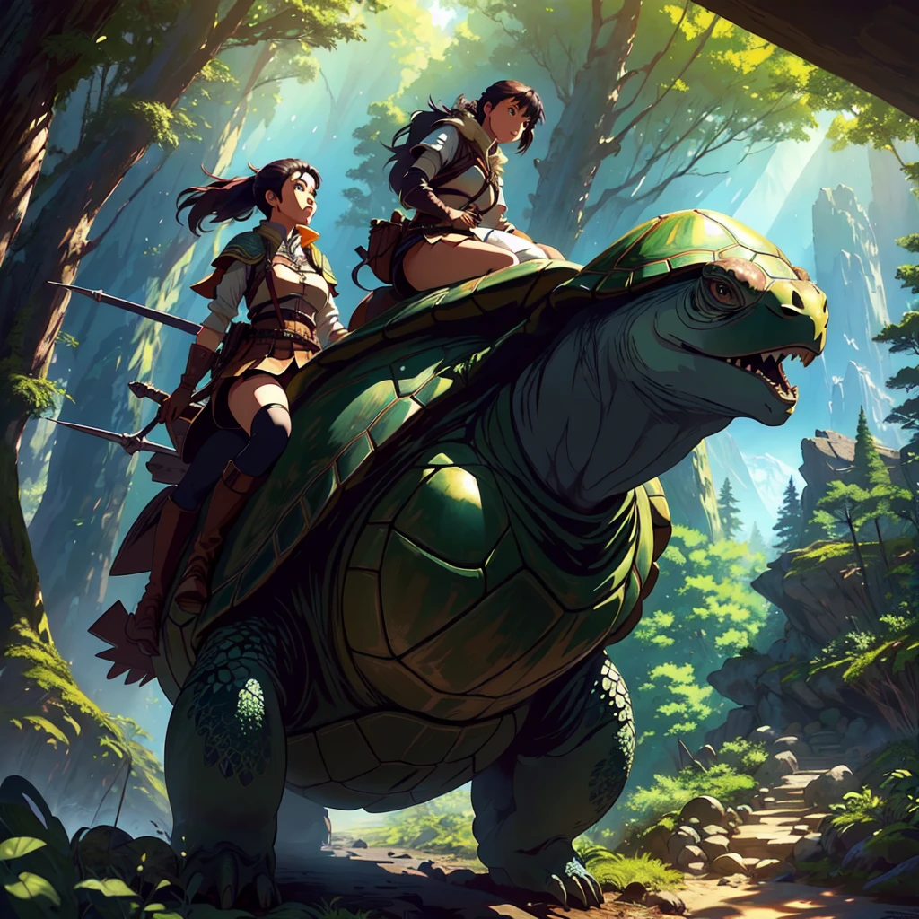 masterpiece, fantasy, best quality, anime style, wide-angle, full body shot, front view, beautiful_woman, in explorer_outfit, riding on the back of a giant_turtle, forest and mountians in background, natural lighting, soft lighting, (featured on pixiv:1.25), trending on artstation, precise line-art,  