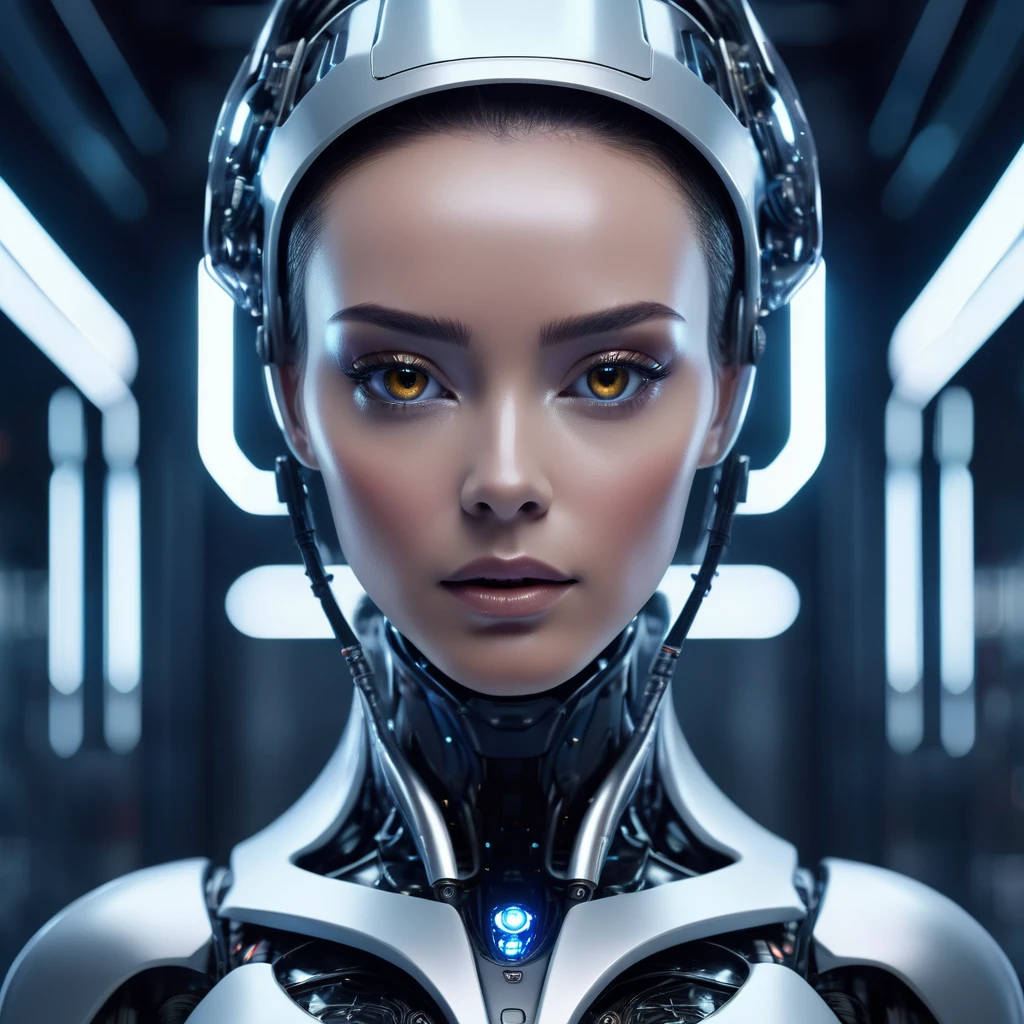 Ai robot female face in futuristic lab, surreal, cinematic, dramatic lighting