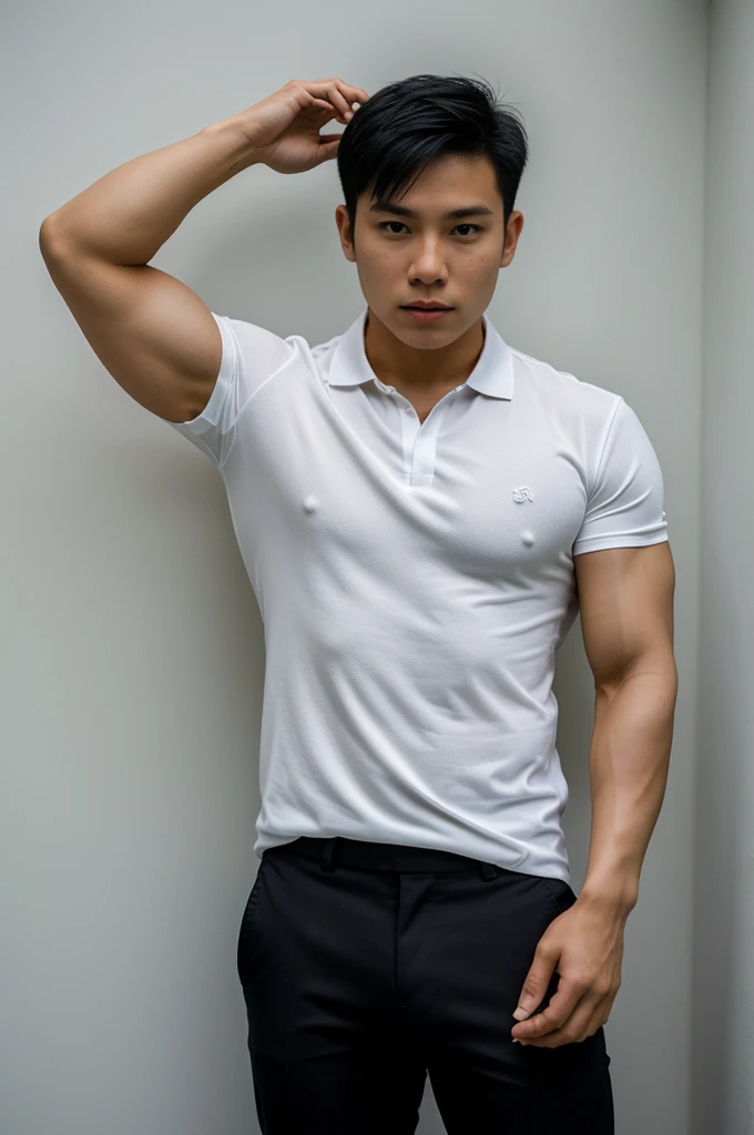 25 year old muscular Asian man, The face looks like that of an Indonesian artist., Bold and cool, Wear a tight white polo shirt., chest visible, Wear black trousers., ((in wonderland)), Pose, Photo model, Very high quality, Very high resolution,