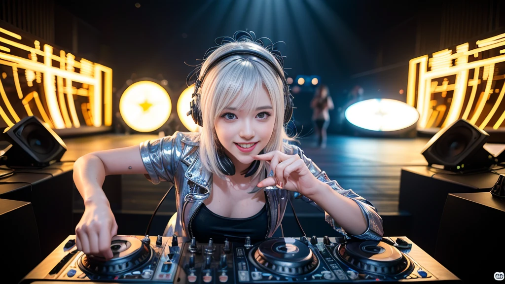 (ultra - detailed, 16K resolution, Cinema lenses, rendering by octane), (high resolution:1.18), intricate detail, (masterpiece:1.1), (highest quality:1.1), (1girl, portrait, white hair, blue eyes, short hair, detailed eyes),Wearing silver DJ headphones, Shiny silver sequined T-shirt, (Iconic hip-hop pop costumes:1.3), Smile while DJing on stage, full body shot of, The spotlight shines on the female DJ. Photorealistic photography by Disco Lighting, (cute round face:1.3), perfect fingers, five fingers, beautiful hands, perfect hands. master peace, cute smile.