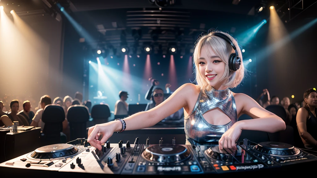 (ultra - detailed, 16K resolution, Cinema lenses, rendering by octane), (high resolution:1.18), intricate detail, (masterpiece:1.1), (highest quality:1.1), (1girl, portrait, white hair, blue eyes, short hair, detailed eyes),Wearing silver DJ headphones, Shiny silver sequined T-shirt, (Iconic hip-hop pop costumes:1.3), Smile while DJing on stage, full body shot of, The spotlight shines on the female DJ. Photorealistic photography by Disco Lighting, (cute round face:1.3), perfect fingers, five fingers, beautiful hands, perfect hands. master peace, cute smile.
