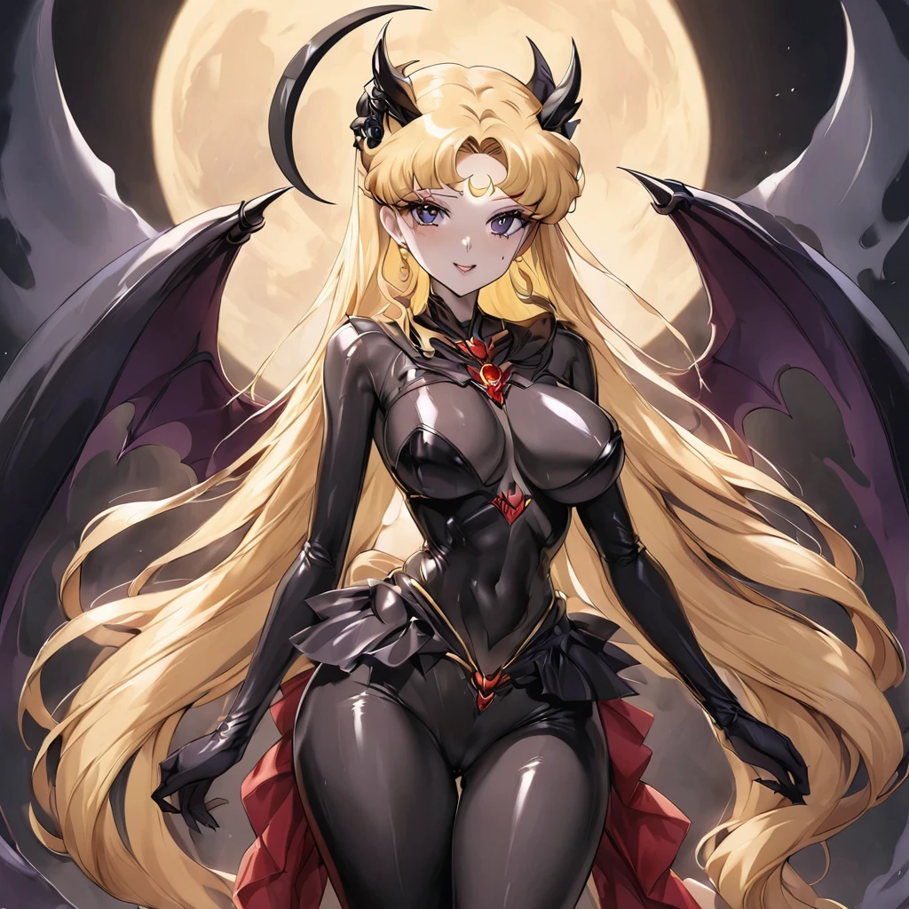((Highest quality)), ((masterpiece)), (detailed), (Perfect Face)、The woman is naked and is the bride of the Demon King, the Dark Queen of the Black Moon Clan, the Demon Queen, Devil Queen Serenity, and is wearing a shiny black full-body bodysuit decorated with gold, a sexy female demon with jet-black skin, Devil Queen Serenity.、The woman is a jet-black female demon with magnificent devil horns, jet-black devil wings, and a jet-black tail. Her skin is jet-black, and she has a black inverted crescent moon mark on her forehead. She is the jet-black demon Devil Queen Serenity, and she has blonde hair.2The expression of a girl in love with her long hair tied up、Woman is Devil Queen Serenity