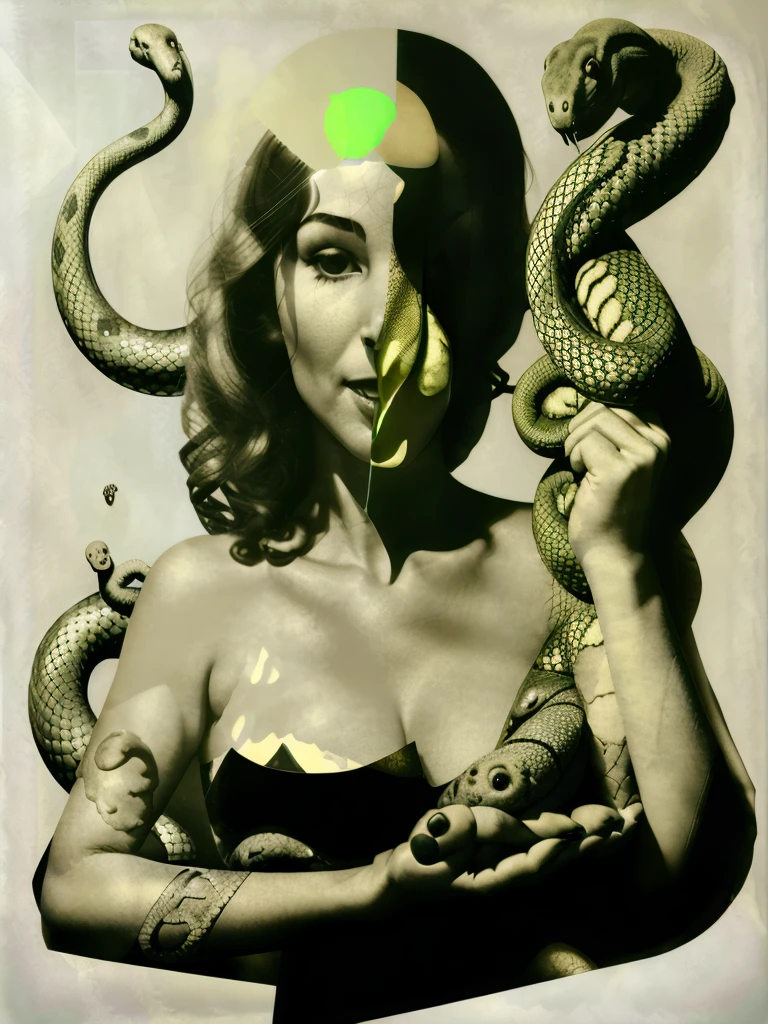 a collage of a woman with Apfel und with a Snake in the background