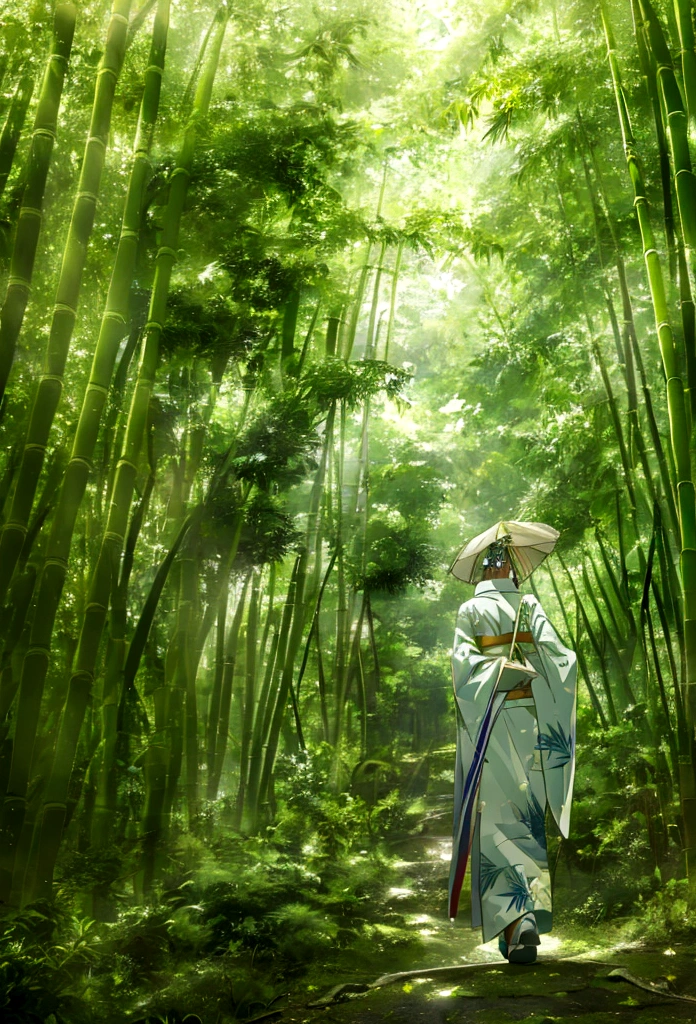 "(best quality,highres,masterpiece:1.2), working ofice ,serene bamboo forest,bamboo leaves gently falling in the wind,beautiful girl in kimono, holding umbrella, walking away from camera, full body wallpaper for mobile. from behind