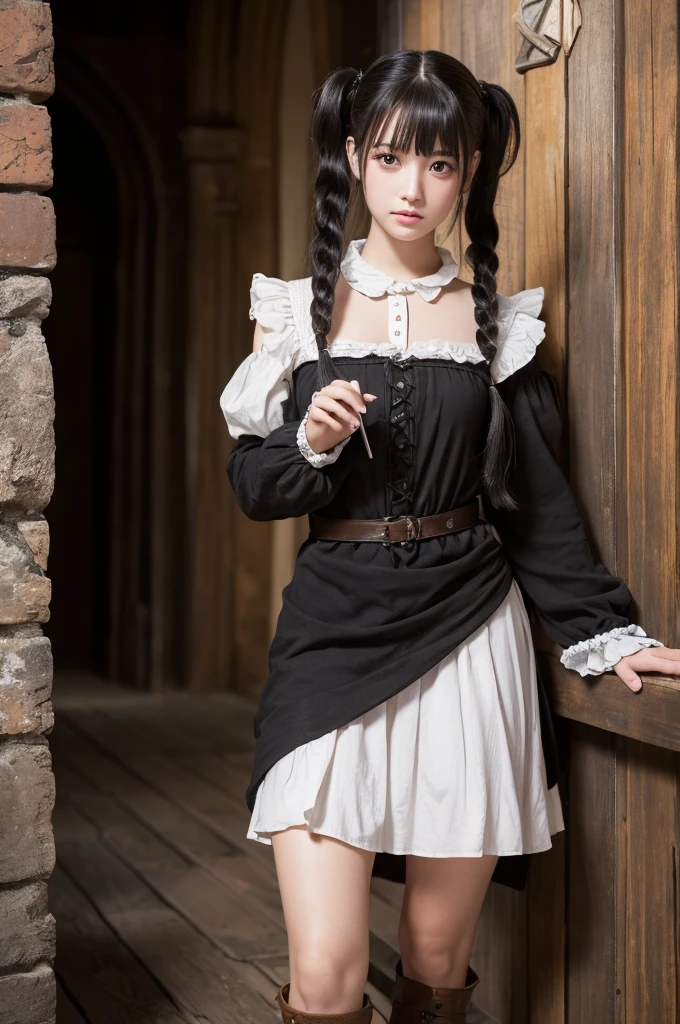 Highest quality, masterpiece, Ultra-high resolution, (Realistic:1.4), RAW Photos, One girl,, Black Hair, whole body, Bitch, bad、Medieval European style、Twin tails、Dungeons