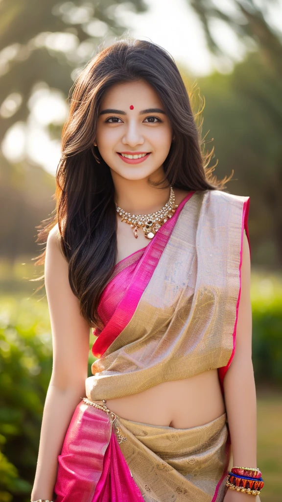 ultra high detailed, an indian girl, cute smile realistic face, slim face 18 years girl old happy, long hair, impressive hairstyle, detailed eyes, detailed lips, indian net wali saree pink wearing jewellery, nature background,  studio , clear weather, whole body capture,noch slim image long