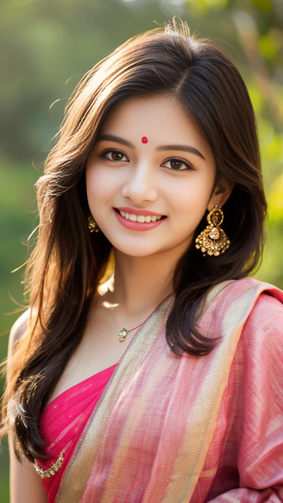 ultra high detailed, an indian girl, cute smile realistic face, slim face 18 years girl old happy, long hair, impressive hairstyle, detailed eyes, detailed lips, indian net wali saree pink wearing jewellery, nature background, studio , clear weather, whole body capture,noch slim image long