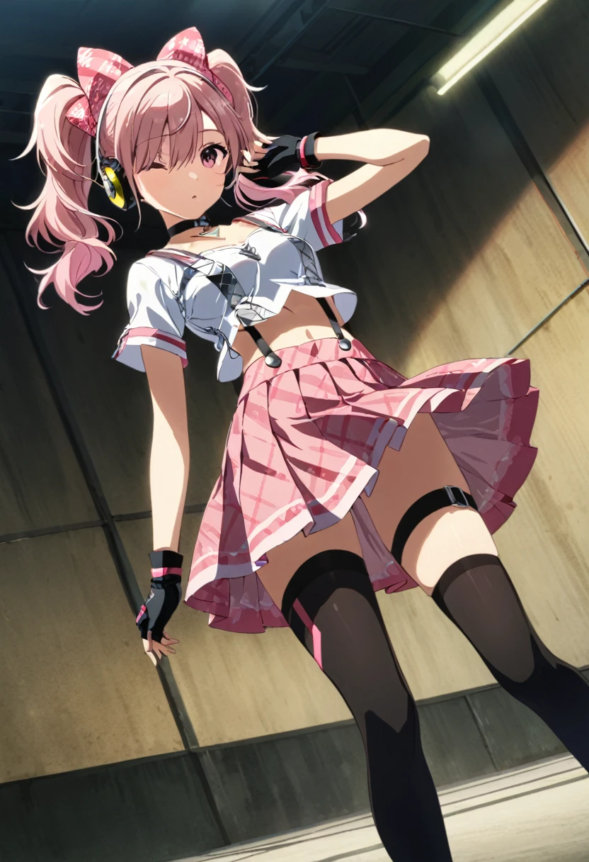 ,(mediumshot:1),kujikawadancing, twintails, hair bow, headphones, white shirt, crop top, short sleeves, suspenders, pink skirt, black thighhighs, fingerless gloves, single glove, choker, midriff,v-over eyes,,cinematic angle, anime screencap:0.8, official art, masterpiece, best quality,UHD,HDR,aesthetic,very aesthetic,,