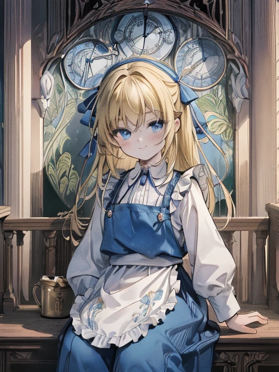 masterpiece, Highest quality, Very detailed, 16K, Ultra-high resolution, Cowboy Shot, Alice in Wonderland, (art nouveau:1.4), 10-year-old girl, Detailed face, smile, blue eyes,Blonde, Long Hair, Ribbon on head, Blue clothes, White apron, In a room with a big clock