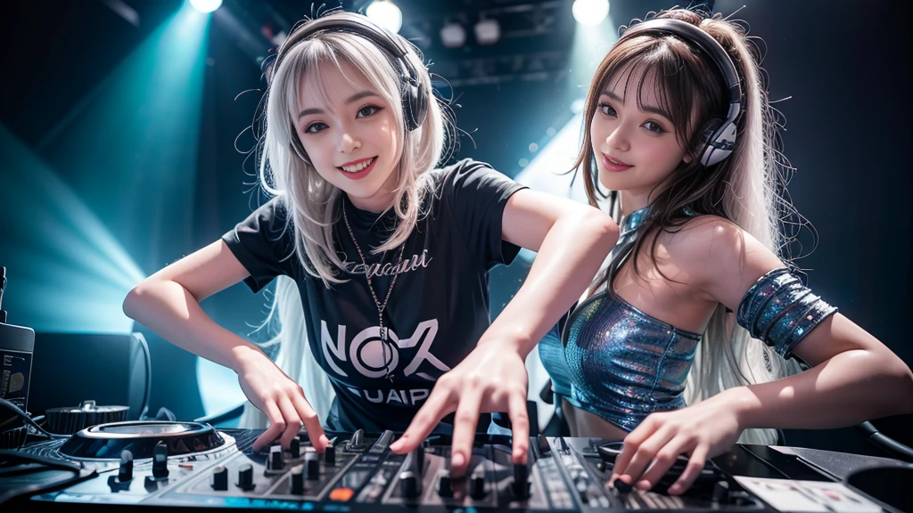 (ultra - detailed, 16K resolution, Cinema lenses, rendering by octane), (high resolution:1.18), intricate detail, (masterpiece:1.1), (highest quality:1.1), (1girl, portrait, white hair, blue eyes, short hair, detailed eyes),Wearing silver DJ headphones, Shiny silver sequined T-shirt, (Iconic hip-hop pop costumes:1.3), Smile while DJing on stage, full body shot of, The spotlight shines on the female DJ. Photorealistic photography by Disco Lighting, (cute round face:1.3), perfect fingers, five fingers, beautiful hands, perfect hands. master peace, cute smile.