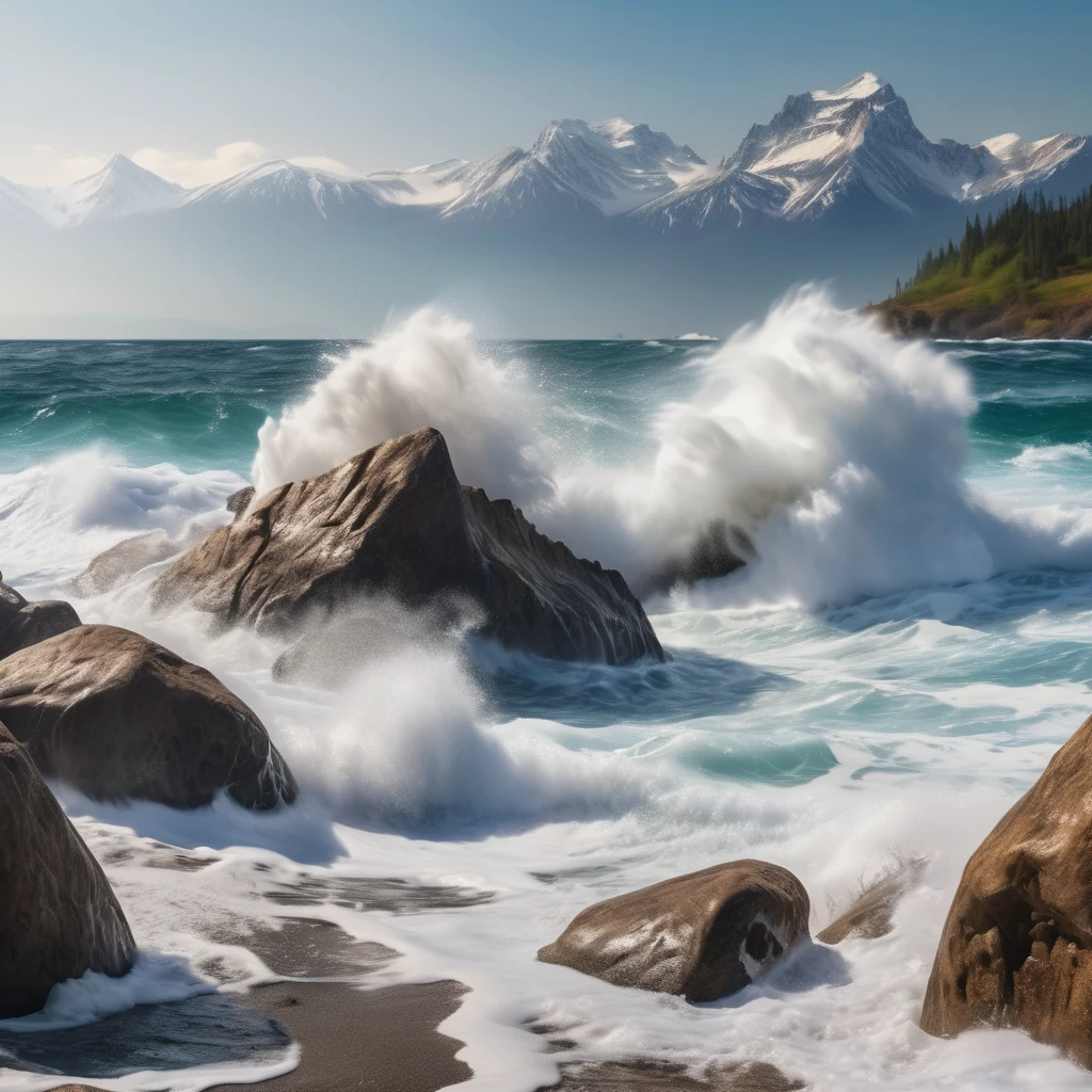 Waves are crashing against the nearby large rocks like waves, the spray is scattering, and the mountains in the distance are blurred.Delicate, Photography, 3D