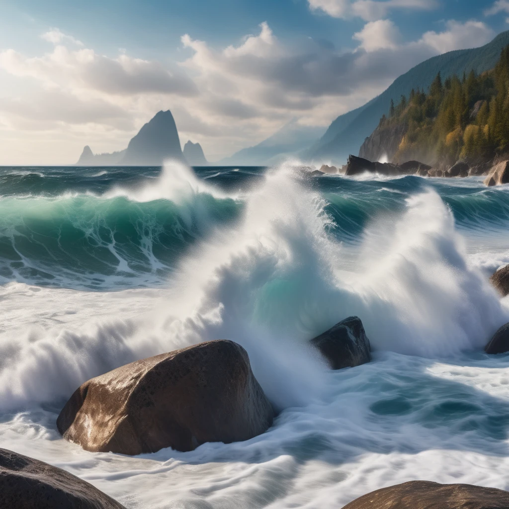 Waves are crashing against the nearby large rocks like waves, the spray is scattering, and the mountains in the distance are blurred.Delicate, Photography, 3D

