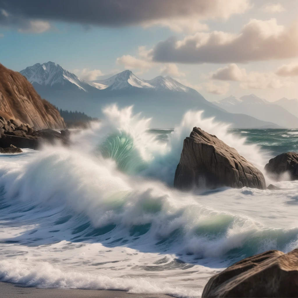 Waves are crashing against the nearby large rocks like waves, the spray is scattering, and the mountains in the distance are blurred.Delicate, Photography, 3D