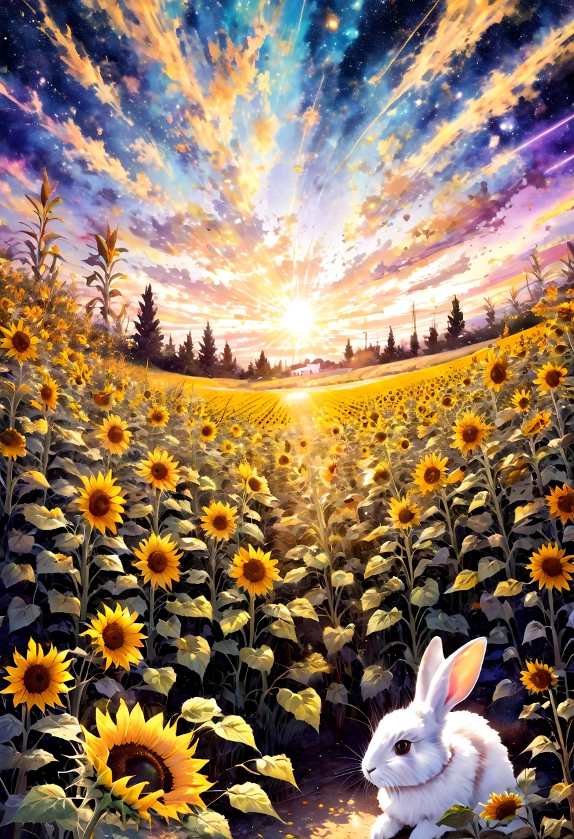 rabbit, sunflower, Sunflower fields all around, masterpiece, best quality, hyper detailed, insanely detailed, Full-HD, 16K, absurdres, gigantic scale, golden ratio, wide-angle lens, the galaxy, landscape, in the space, in the style of intricate, vibrant academia, pastel academia, soft surface, dreamy watercolor, splatter watercolor, from above, warm lighting, pinhole camera, deep focus, depth of field