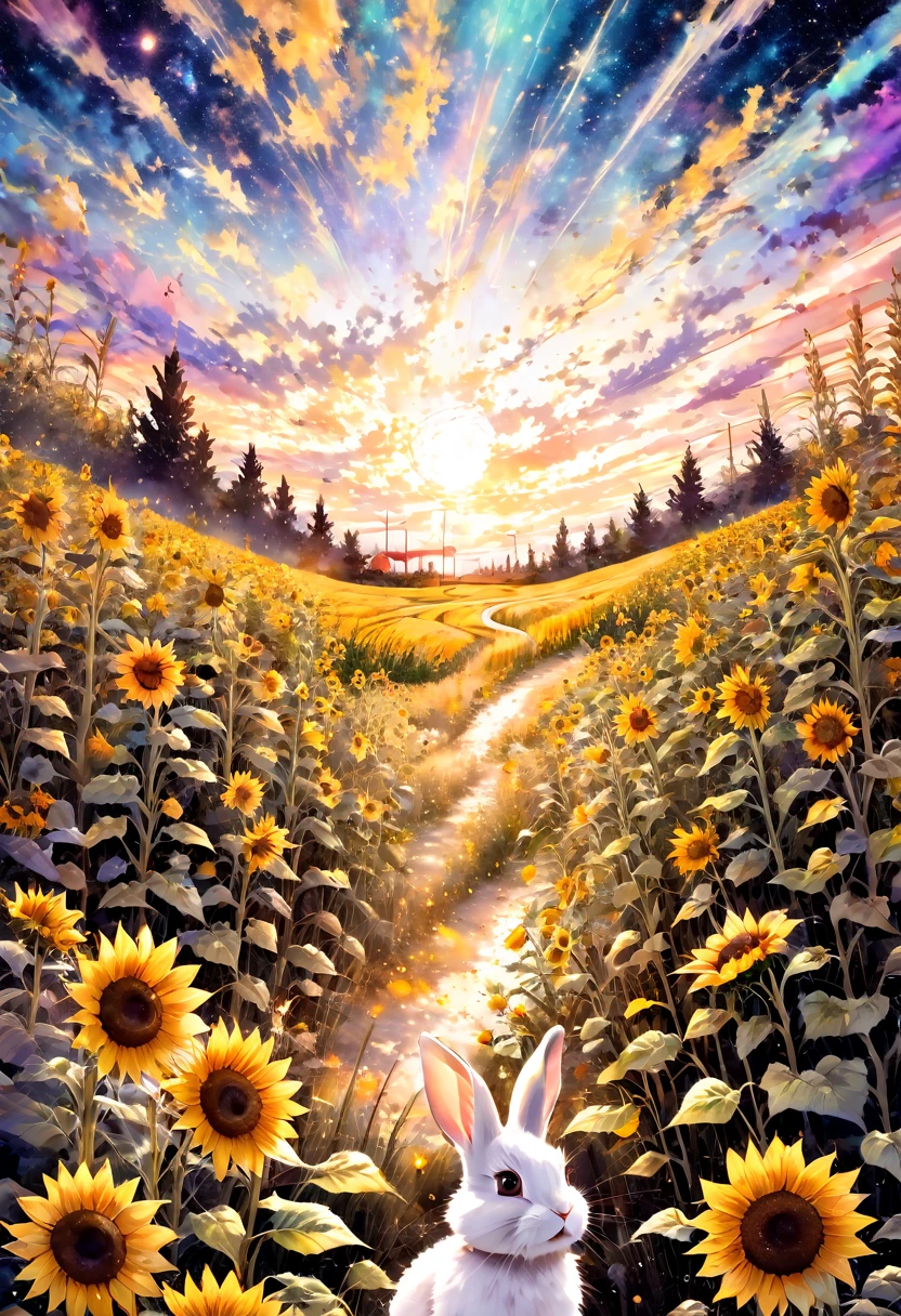 rabbit, sunflower, Sunflower fields all around, masterpiece, best quality, hyper detailed, insanely detailed, Full-HD, 16K, absurdres, gigantic scale, golden ratio, wide-angle lens, the galaxy, landscape, in the space, in the style of intricate, vibrant academia, pastel academia, soft surface, dreamy watercolor, splatter watercolor, from above, warm lighting, pinhole camera, deep focus, depth of field