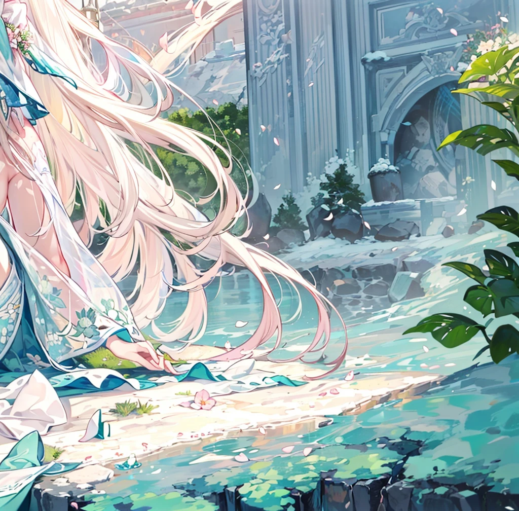 ((best quality,masterpiece,Extremely complex and exquisite details)),White long straight hair,(correct anatomy,Holding hands on the ground),(Exquisite light blue and white clothing,Beautiful bright and exquisite snow white ancient style high transparent architectural background),(Rose,Snow,Falling Flowers,Majestic and elegant outdoors)