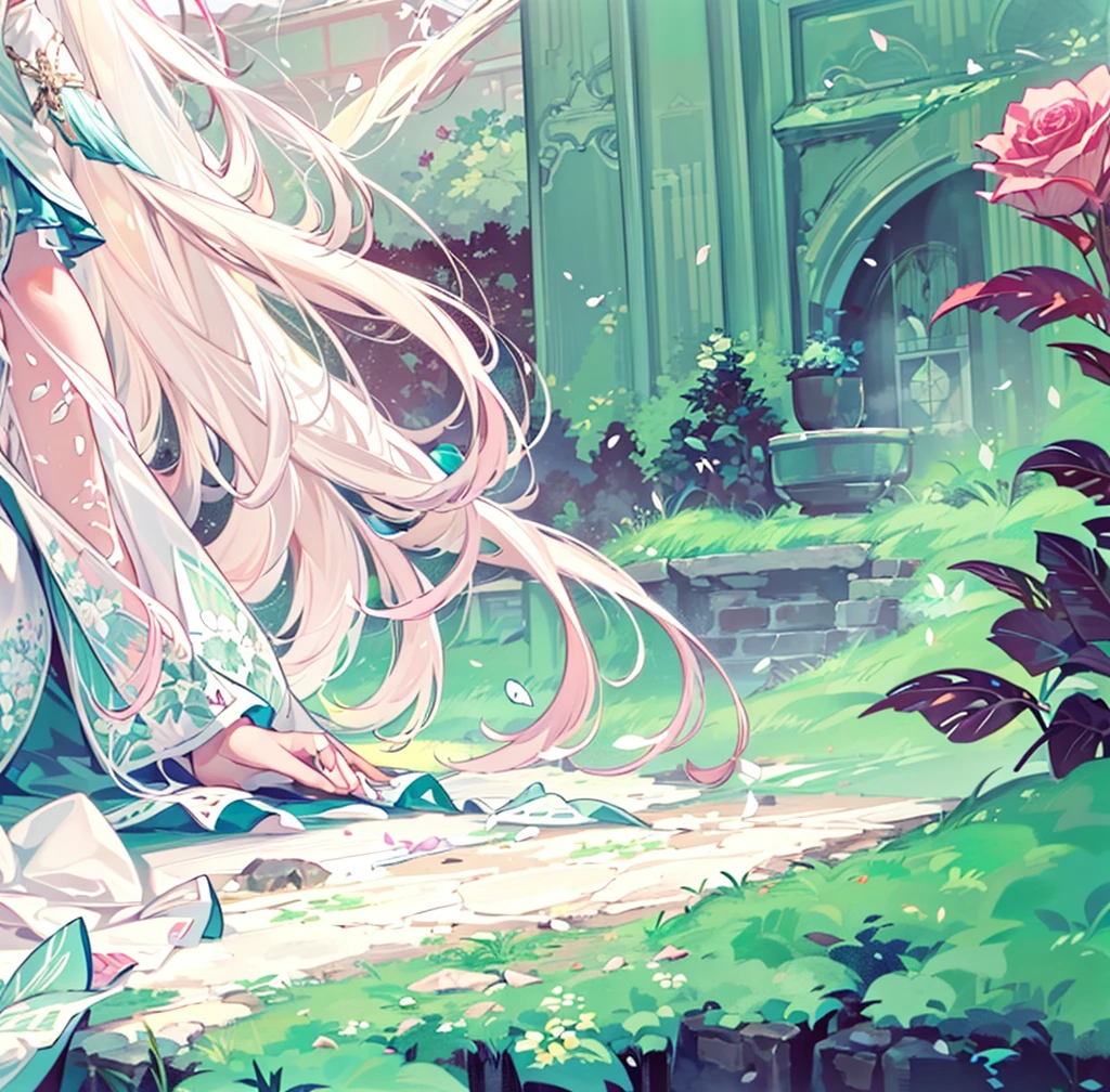 ((best quality,masterpiece,Extremely complex and exquisite details)),White long straight hair,(correct anatomy,Holding hands on the ground),(Exquisite light blue and white clothing,Beautiful bright and exquisite snow white ancient style high transparent architectural background),(Rose,Snow,Falling Flowers,Majestic and elegant outdoors)