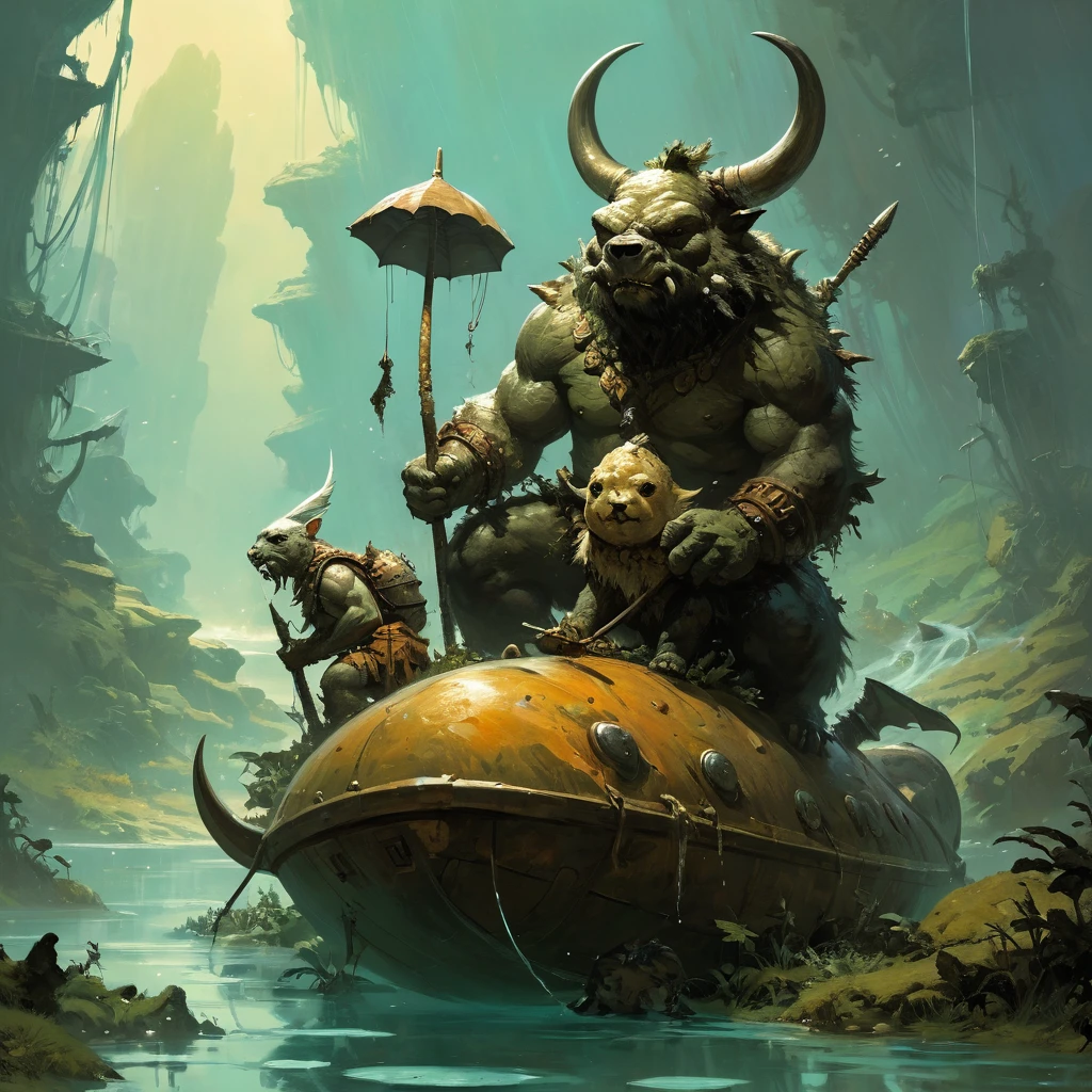 famous artwork (by frank frazetta:1.3), detailed expressive eyes, fantasy style, the eccentric suspicious chumblederg with sorbsarbled ufflemuff and a quaysled outgrowth that shields it from rain, it is covered in fluffy blortze and stalks carefully through the problamtimating ponds of planet shmergelheim , where oversized nurblflam and juxtaflurged zofti line the water's edge