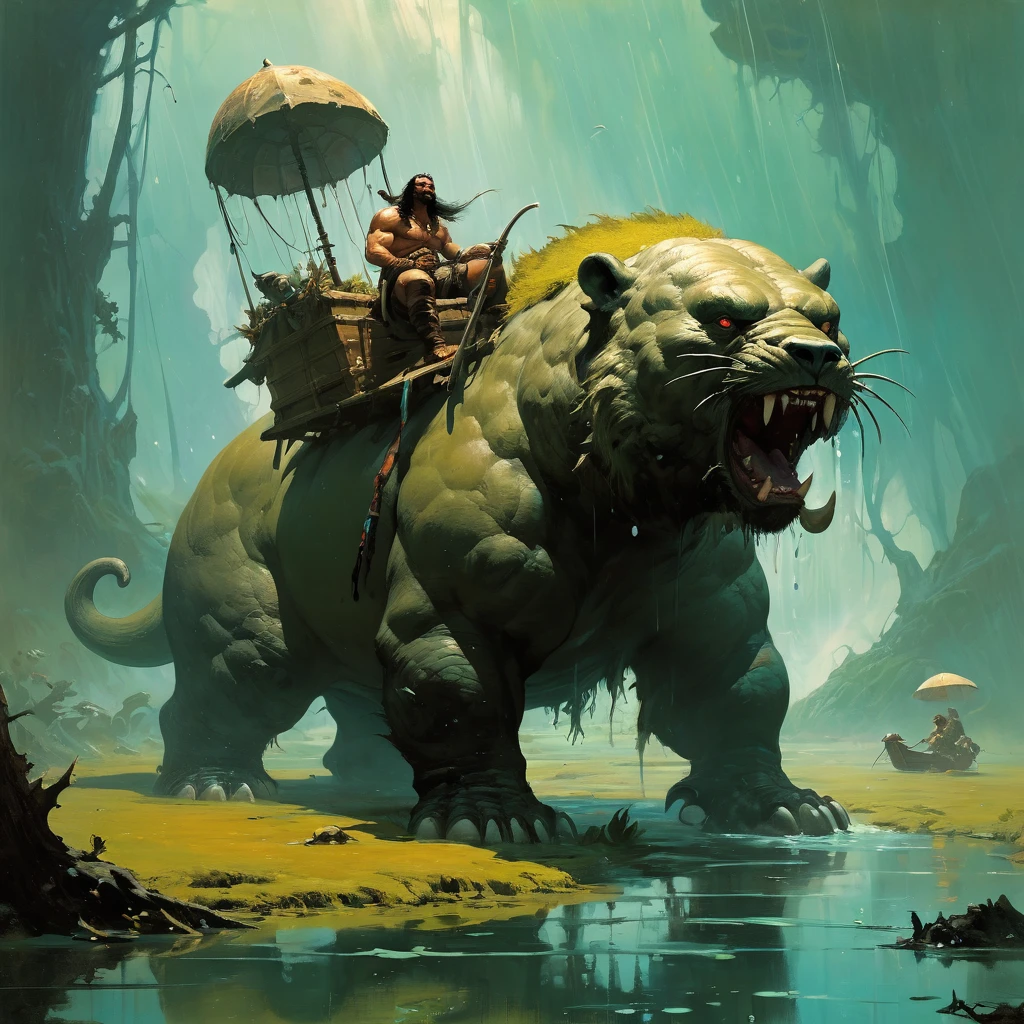 famous artwork (by frank frazetta:1.3), detailed expressive eyes, fantasy style, the eccentric suspicious chumblederg with sorbsarbled ufflemuff and a quaysled outgrowth that shields it from rain, it is covered in fluffy blortze and stalks carefully through the problamtimating ponds of planet shmergelheim , where oversized nurblflam and juxtaflurged zofti line the water's edge