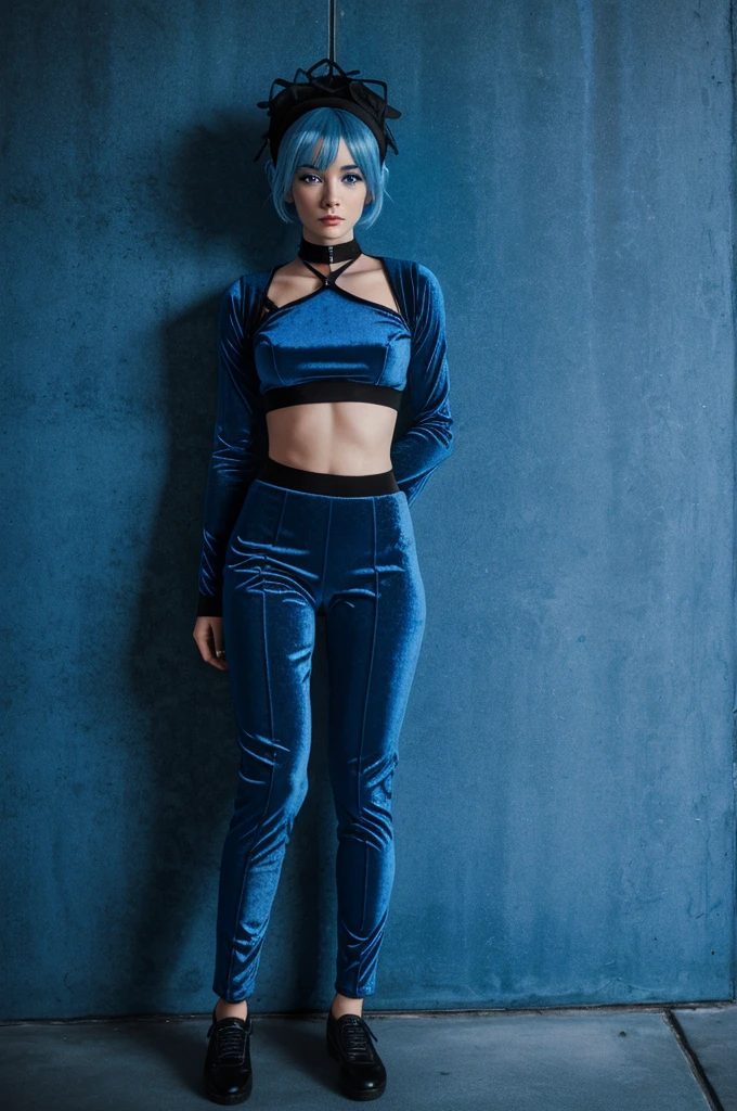 Draw me a robot girl with blue hair)) ((She wears a blue velvet)) ((And black pants))