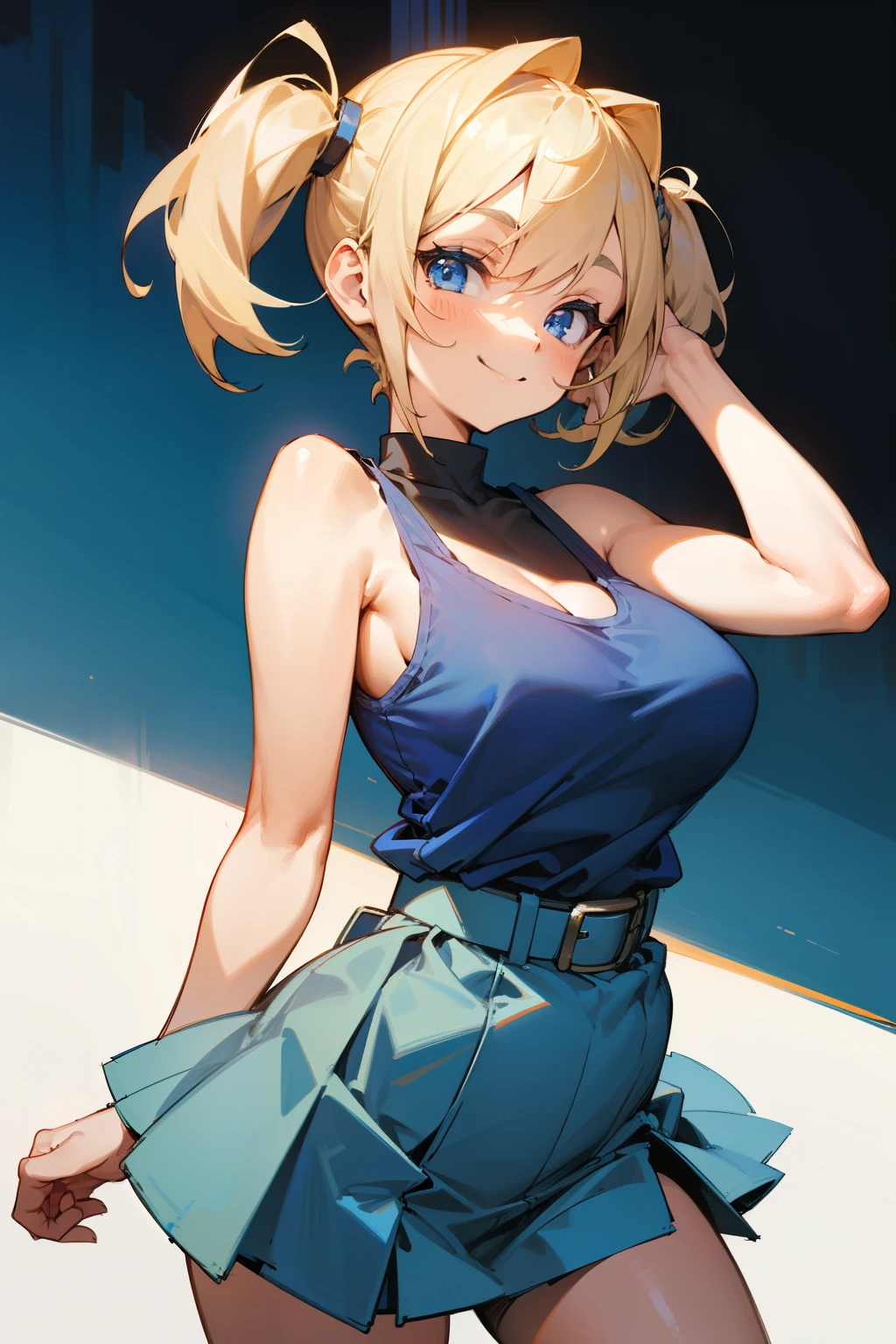 Cute girl, short blonde hair, pigtails, blue eyes, blue dress, blue tank top, wide black belt, short blue skirt, big breasts