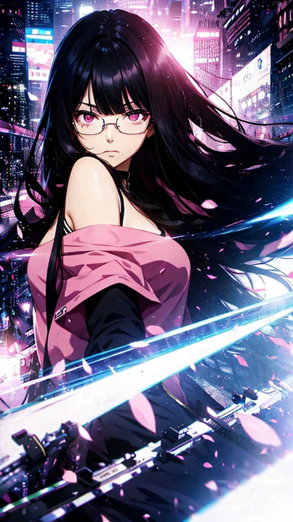 1woman, long hair, black hair, pink eyes, glasses, blunt bangs, Straight hair, loraeyes, loraeyes, anime, 8k, 4k, high Quality,