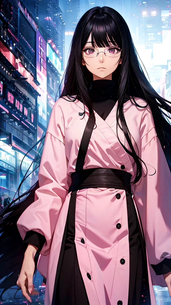 1woman, long hair, black hair, pink eyes, glasses, blunt bangs, Straight hair, loraeyes, loraeyes, anime, 8k, 4k, high Quality,