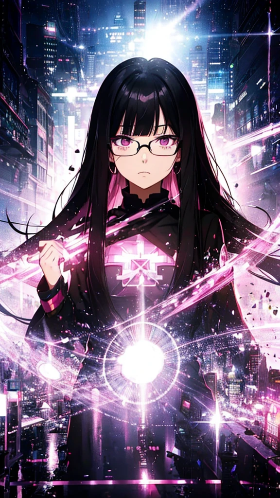 1woman, long hair, black hair, pink eyes, glasses, blunt bangs, Straight hair, loraeyes, loraeyes, anime, 8k, 4k, high Quality,