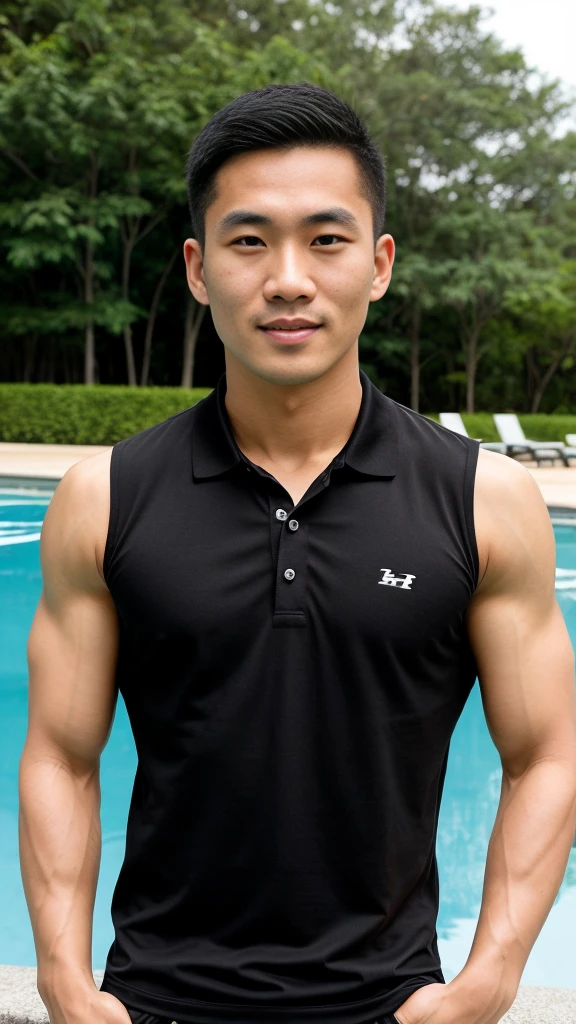 Thai man ,man，He is about 30 years old..，Rough and handsome appearance，Big muscleuscleหน้าอกขนาดใหญ่，(black polo shirt park:1.3)，Big waistline，chest hair，sitting on the side of the road，Wearing the tongs，buzz cut, angry, sullen, best quality, Masterpiece，(outdoor background road :1.5)，（Have muscles：4.5），（fat：1.5），（gray hair：1.5 ），（gray body hair：1.5），（skin wrinkles：1.5），（glow on the skin：1.5），(best quality,high resolution,Masterpiece:1.2),The eyes are natural and delicate..,1 person,alone,gay asian,muscle,Long legs,brave,short hair details,conjunctivitis ,strong,brown eyes,In the swimming pool,