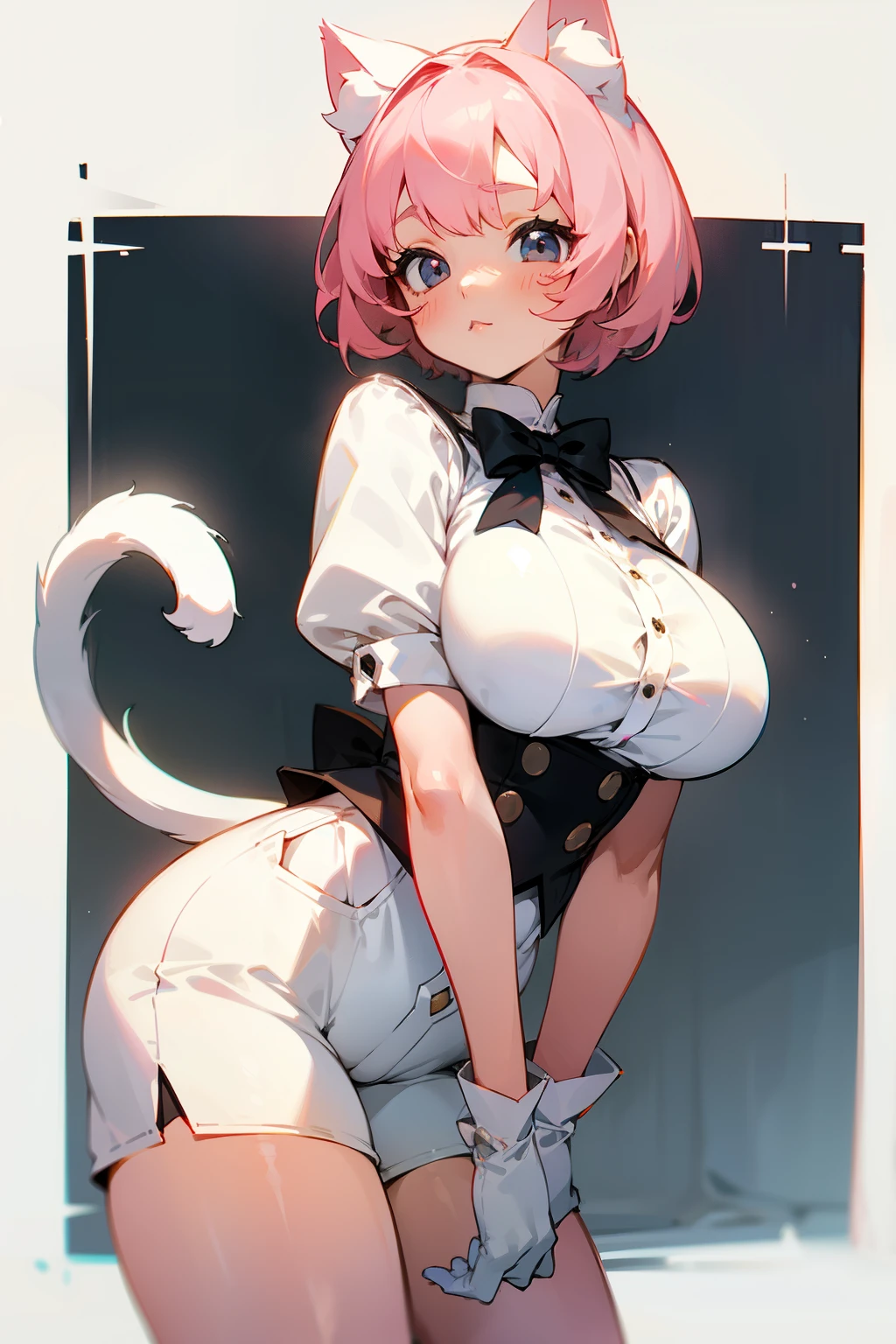 Cute girl, short white hair, white cat ears, white cat tail, black eyes, rosy cheeks, pink hair bow, big breasts, short pants 🎀