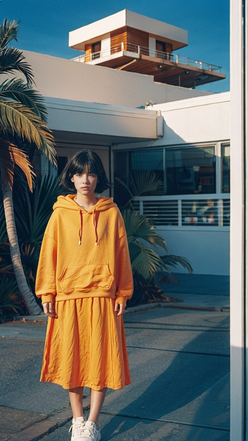 portrait of a 23 yo girl, plum body ,wear ((orange color oversized hoodie)), wear ((purple tennis skirt)),looking front,Best Quality,Masterpiece,Ultra High Resolution,(Realisticity:1.4),Original Photo, 1Girl, light leak,ultra high resolution,UHD,beautiful, (black bob hair), almond eye, no makeup, in front of (80's mondrian architecture motel), (realistic:1.2), (surreal:1.3), (very detailed:1.1), ((masterpiece)),summer, blue sky, palm trees,sunny, los angles vibes,film camera, 800mm lens,style of Philip Lorca diCorcia