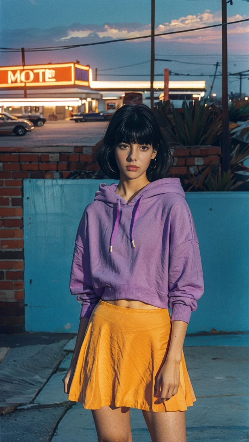 portrait of a 23 yo girl, plum body ,wear ((orange color oversized hoodie)), wear ((purple tennis skirt)),looking front,Best Quality,Masterpiece,Ultra High Resolution,(Realisticity:1.4),Original Photo, 1Girl, light leak,ultra high resolution,UHD,beautiful, (black bob hair), almond eye, no makeup, in front of (80's mondrian architecture motel), (realistic:1.2), (surreal:1.3), (very detailed:1.1), ((masterpiece)),summer, blue sky, palm trees,sunny, los angles vibes,film camera, 800mm lens,style of Philip Lorca diCorcia