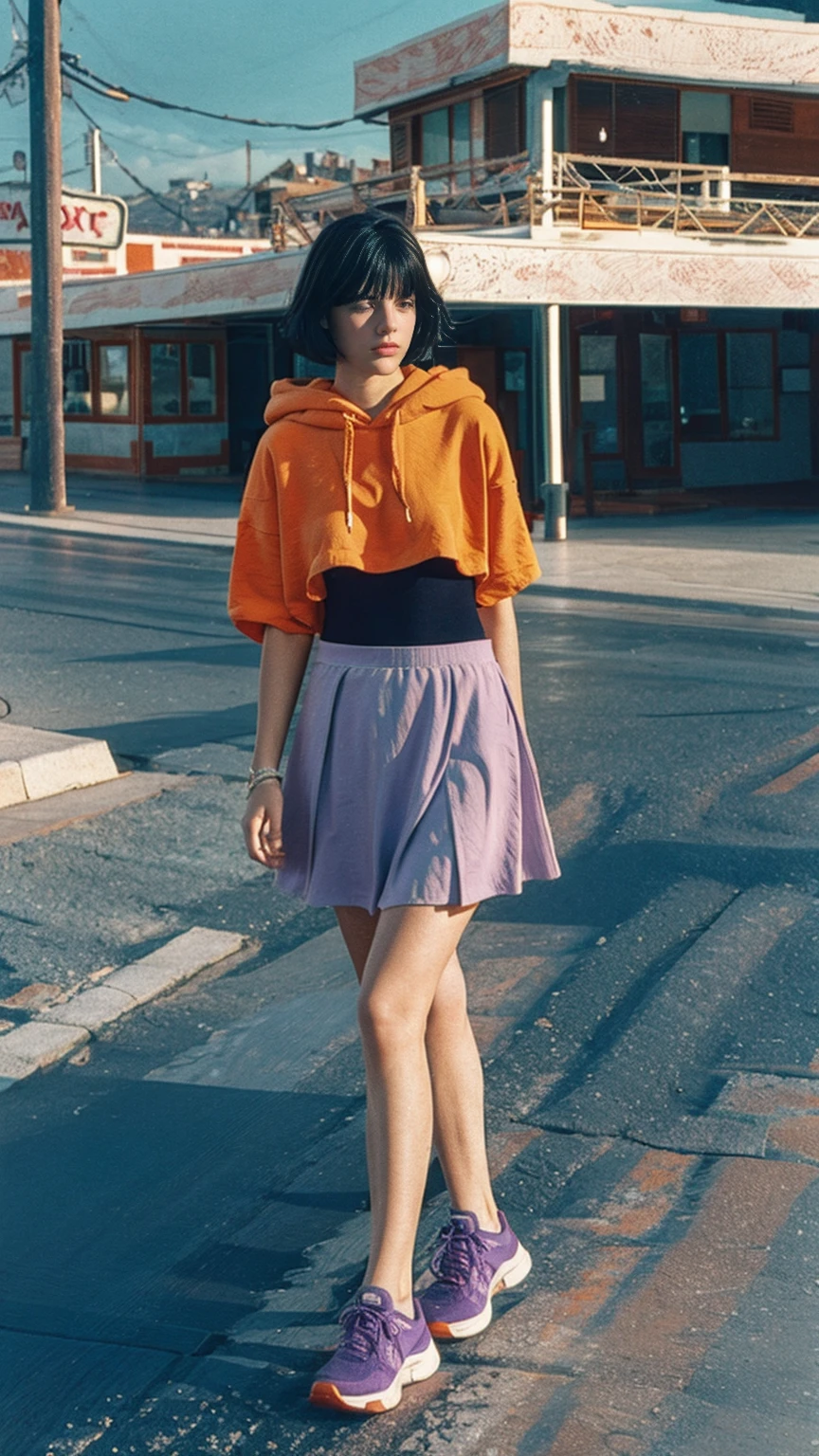 portrait of a 23 yo girl, plum body ,wear ((orange color oversized hoodie)), wear ((purple tennis skirt)),looking front,Best Quality,Masterpiece,Ultra High Resolution,(Realisticity:1.4),Original Photo, 1Girl, light leak,ultra high resolution,UHD,beautiful, (black bob hair), almond eye, no makeup, in front of (80's mondrian architecture motel), (realistic:1.2), (surreal:1.3), (very detailed:1.1), ((masterpiece)),summer, blue sky, palm trees,sunny, los angles vibes,film camera, 800mm lens,style of Philip Lorca diCorcia