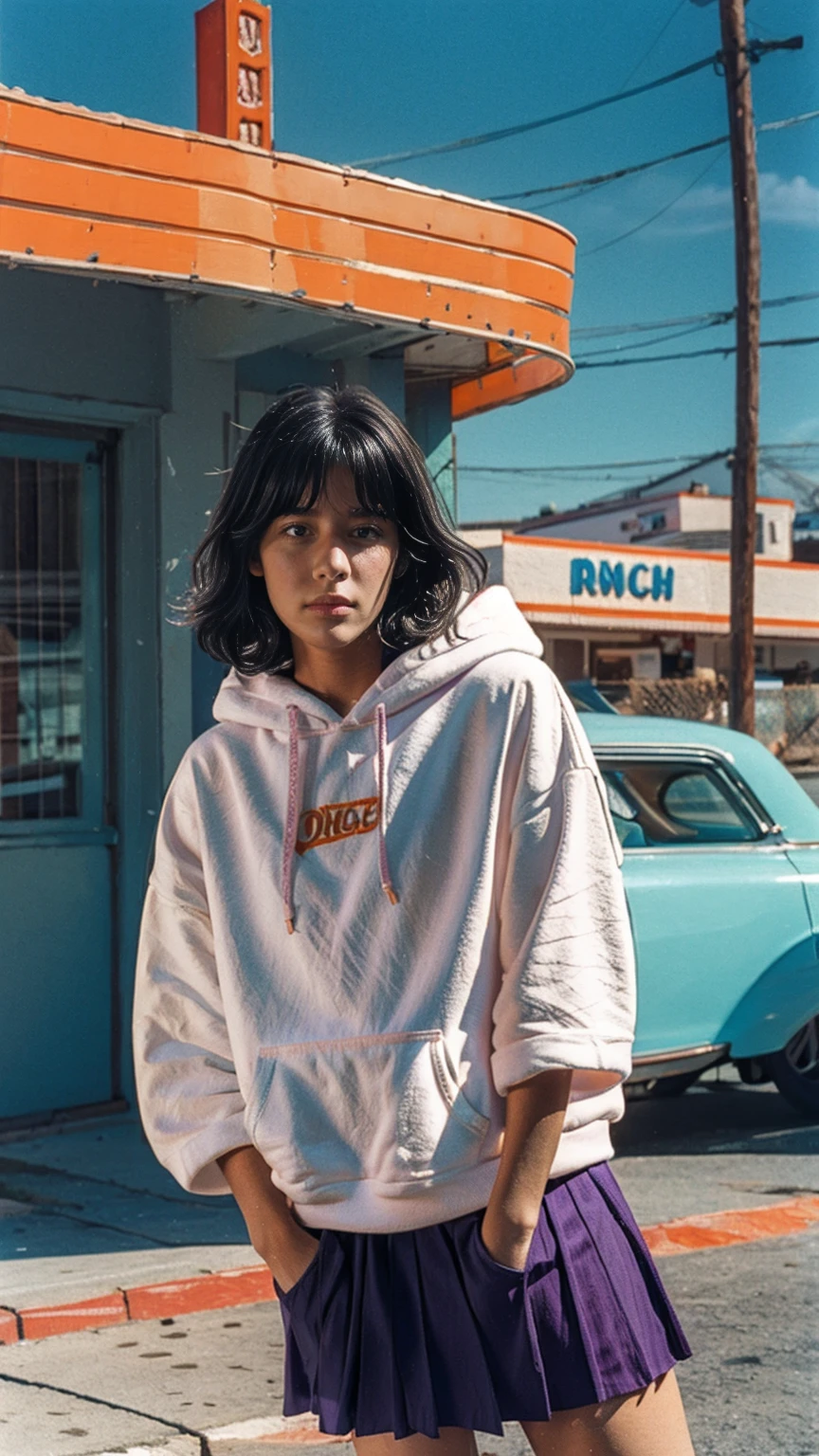 portrait of a 23 yo girl, plum body ,wear ((orange color oversized hoodie)), wear ((purple tennis skirt)),looking front,Best Quality,Masterpiece,Ultra High Resolution,(Realisticity:1.4),Original Photo, 1Girl, light leak,ultra high resolution,UHD,beautiful, (black bob hair), almond eye, no makeup, in front of (80's mondrian architecture motel), (realistic:1.2), (surreal:1.3), (very detailed:1.1), ((masterpiece)),summer, blue sky, palm trees,sunny, los angles vibes,film camera, 800mm lens,style of Philip Lorca diCorcia