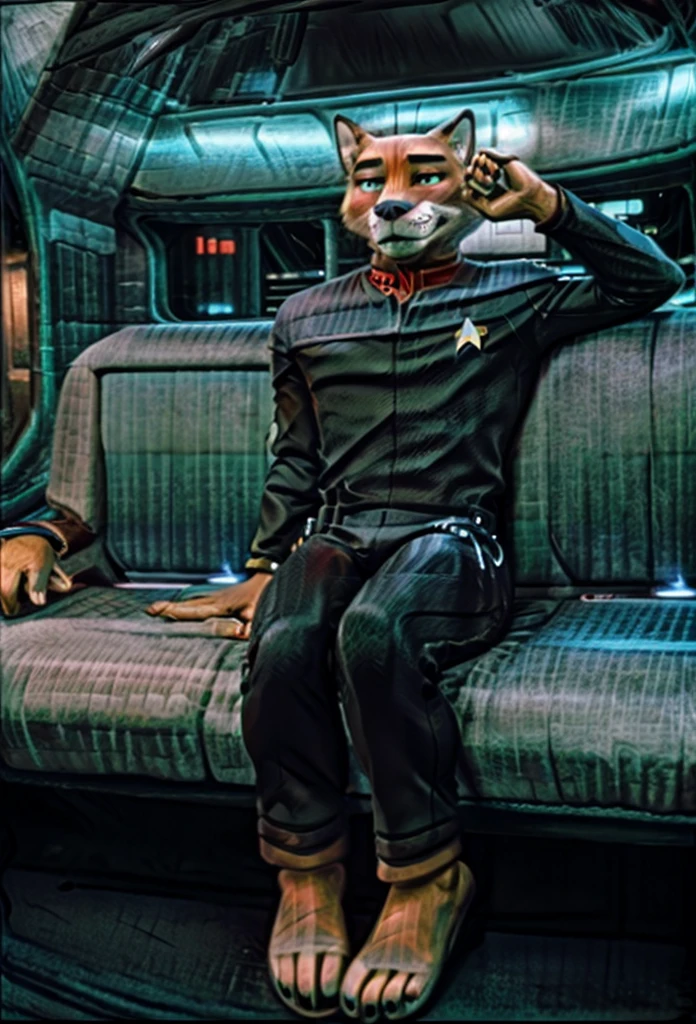 (((Barefoot furry character, full body, cinematic setting, furry male, plantigrade)))
(((Nick Wilde))) exudes confidence and authority as he sits in the captain's chair, and his (((Star Trek DS9 uniform))) with the Starfleet Delta badge on his chest is a perfect match for his muscular figure. Handsome clawed feet paws dominate the bridge of the star ship and its crew. (((black and grey ds9st uniform with red collar))). Bridge of starship with many screens and consoles as background, futuristic look, metalic. anatomically correct, Long black pants, black shirt with gray shoulders, red collar.
BREAK, intricate details, highly detailed, extreme detail, octane render, fine art, best quality, highres, (detailed face:1.5), ((full_body)), UHD, (((perfect hands))), low light