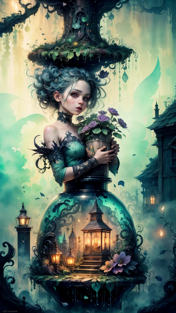 ((watercolor art)),(a tiny) humanoid creature, (holding firmly) a bunch of flowers, watercolor, dark gritty, street, fantasy, (best quality, 4k, highres, masterpiece:1.2), ultra-detailed, (realistic:1.37), vivid colors, (moody lighting), (magical atmosphere), (cobblestone road), (mysterious shadows), (fantastical architecture), (enchanted surroundings), (whimsical elements), (misty aura), (intricate details), (emotionally expressive face), (unique character design), (lush foliage), (overgrown vines), (ethereal glow), (fallen petals), (contrast between light and dark), (captivating atmosphere), (heartwarming scene), (playful energy), (curiosity and wonder), (texture of the flowers), (impressionistic brushstrokes), (dreamlike charm), (sense of mystery), (gritty urban setting), (imaginative world), (dramatic composition), (expressive lines), (exquisite colors)