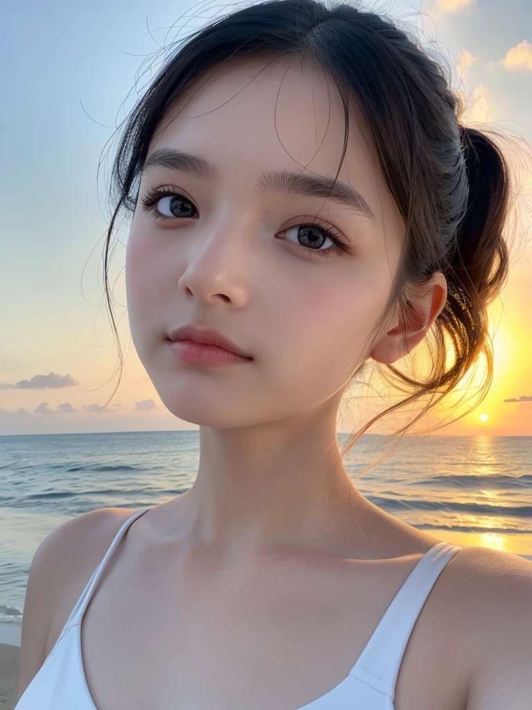 One Girl,(1人のとてもcute女の子:1.3),masterpiece,Highest quality,High resolution,From below,Low - Angle,Photorealistic,RAW Photos,Ray Tracing,beautiful girl,(:1.3),cute,Big eyes,(detailed pupils:1.2),(The face is facing straight ahead:1.3),Body facing forward,Beautiful nose,High nose,Upturned nose,Fuller lips,Short black hair,ponytail,short hair,Detailed eyelashes,Thin eyebrows,Very fine grain definition,(Symmetrical eyes:1.3),(Face close-up,Face Focus:1.0),Small breasts,Short neck,White swimsuit,White Bikini,The background is the sea,Southern Island,sunset,Sunset,Portrait,View Viewer,Upper Body,Cinema Lighting,High resolution,Very detailed