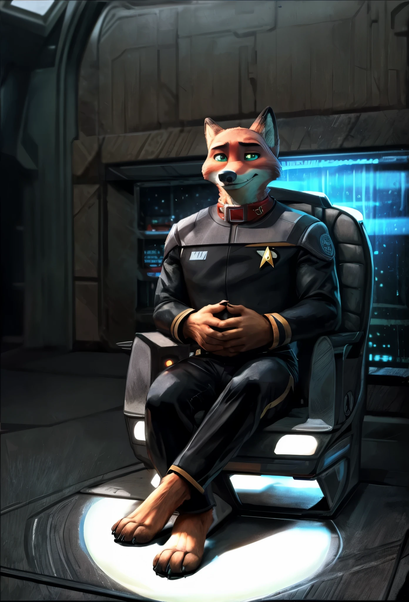 (((Barefoot furry character, full body, cinematic setting, furry male, plantigrade)))
(((Nick Wilde))) exudes confidence and authority as he sits in the captain's chair, and his (((Star Trek DS9 uniform))) with the Starfleet Delta badge on his chest is a perfect match for his muscular figure. Handsome clawed feet paws dominate the bridge of the star ship and its crew. (((black and grey ds9st uniform with red collar))). Bridge of starship with many screens and consoles as background, futuristic look, metalic. anatomically correct, Long black pants, black shirt with gray shoulders, red collar.
BREAK, intricate details, highly detailed, extreme detail, octane render, fine art, best quality, highres, (detailed face:1.5), ((full_body)), UHD, (((perfect hands))), low light