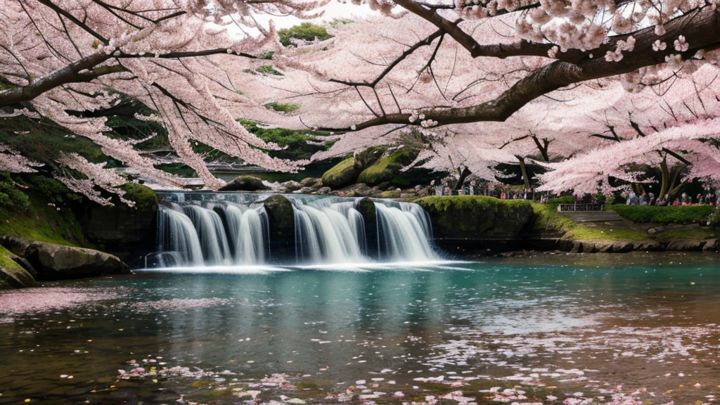Photo quality, a masterpiece, depicts a charming scene of a spring grove of cherry blossoms in bloom. Beautiful cherry blossom colors tint the landscape. In the heart of the forest, there is a quiet fountain, surrounded by rocks fringing the shore. A graceful waterfall cascades gently into the foothill, creating a soothing sound of running water. The crystal-clear waterfall is reflected in the blue spring sky and cherry blossoms. The cherry blossoms in the foreground are blurred. (A beautiful white woman is alone enjoying this enchanting scenery:1.3). She is wearing shorts,