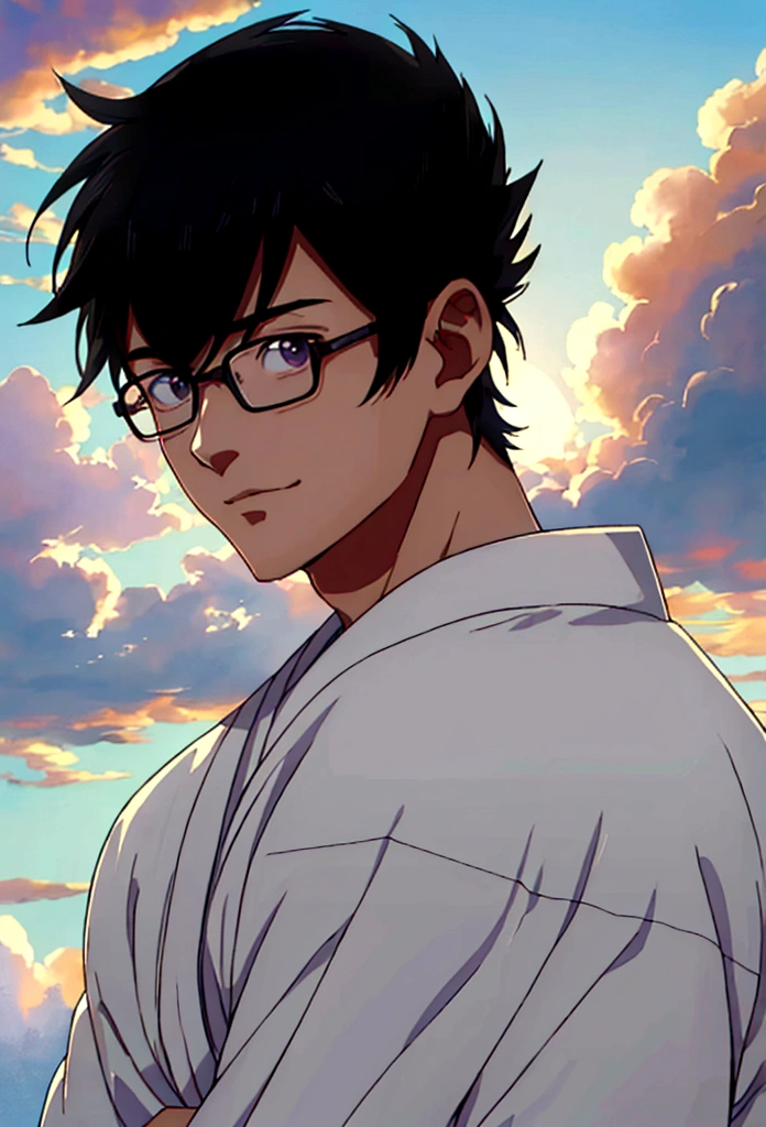((Highest quality)), ((masterpiece)), (detailed), Highest quality、High resolution、8K、One adult male、33 years old、Dark Eyes、Black Hair、Japanese anime-like style、超High resolutionかわいい萌えアニメ8k、handsome face manly、 Slender and muscular、Glasses、Cinematic、cloud、Floating in the sky、close、In bright light、happiness、Soft and warm lighting、sunset、(Shine:0.7)