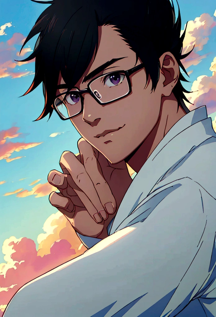 ((Highest quality)), ((masterpiece)), (detailed), Highest quality、High resolution、８K、One adult male、33 years old、Dark Eyes、Black Hair、Japanese anime-like style、超High resolutionかわいい萌えアニメ8k、handsome face manly、 Slender and muscular、Glasses、Cinematic、cloud、Floating in the sky、close、In bright light、happiness、Soft and warm lighting、sunset、(Shine:0.7)