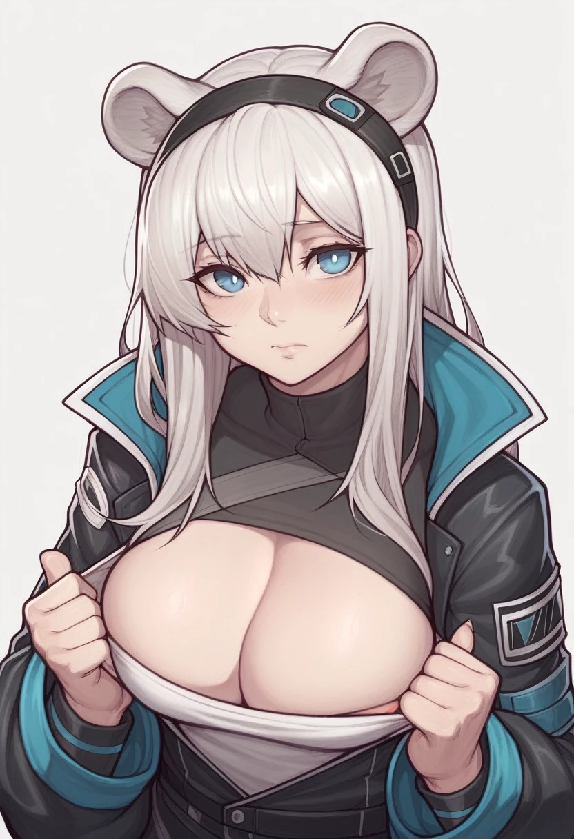 _asura style, 1girl, aurora (arknights), ???????, bear_ears, hair_over_one_eye, solo, cleavage, hairband, blue_eyes, animal_ears, large_???????, white_hair, upper_body, long_hair, black_hairband, blush, white_background, simple_background, cleavage_cutout, clothing_cutout, clothes_pull, closed_mouth, jacket, extra_ears, bear_girl