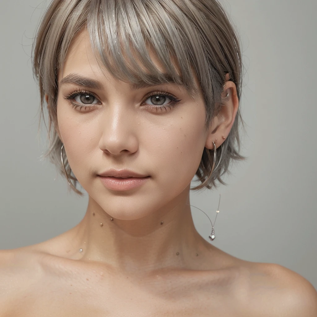 (best quality, masterpiece), 1girl, beautiful girl, brown_eyes, ((hair color [Silver hair], [pixie cut with bangs] hair)), earrings, lips, short sleeves,realistic, narrow waist, charming, colorful makeup, long eyelashes, fair skin, (cute), (detailed face), detailed eyes, detailed iris, nude