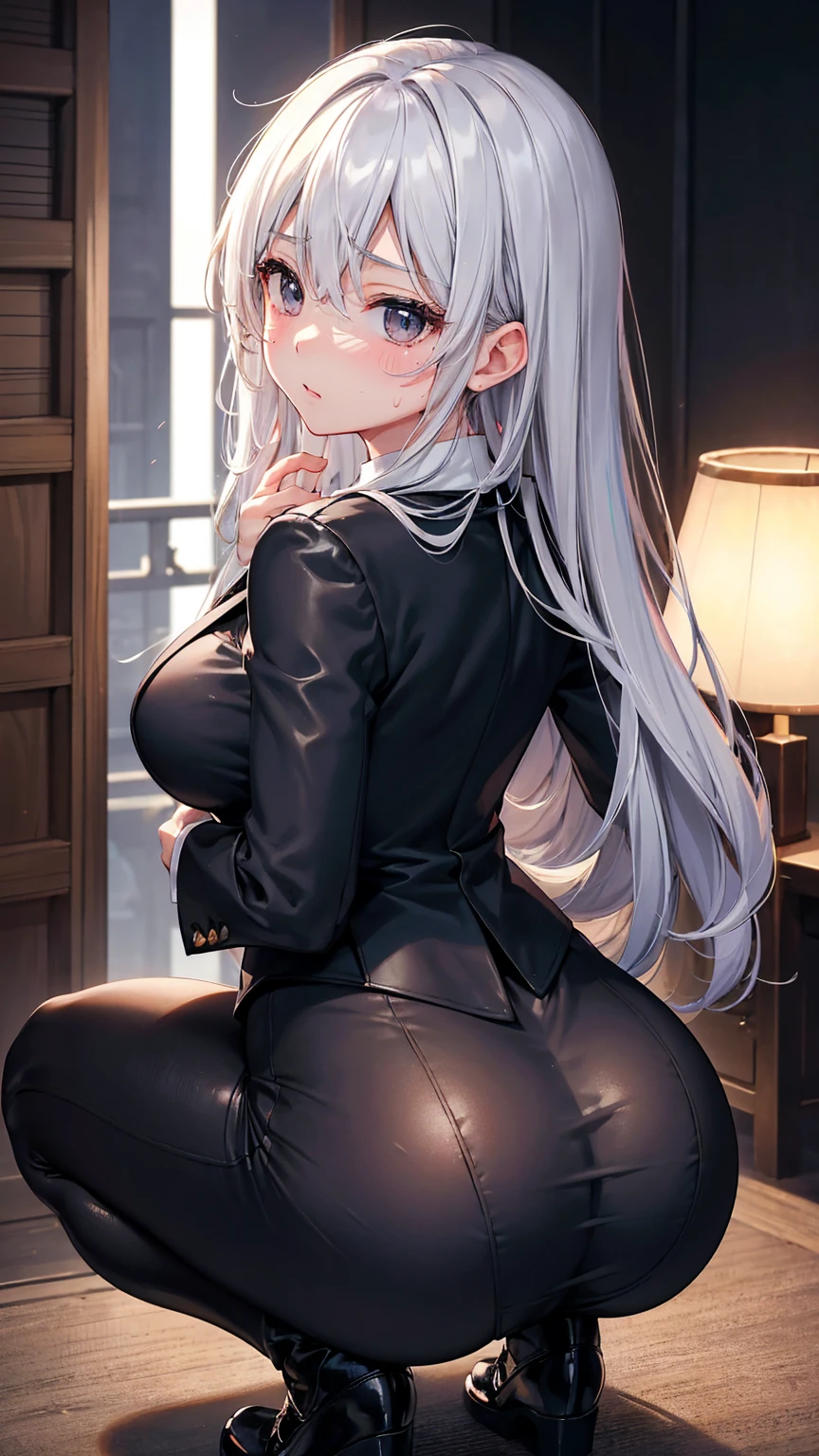 High resolution, Highest quality,  super high quality, Ultra-detailed, Cinematic lighting、(四つん這いのButt:1.5)、(squat:1.5)、woman 、(In a suit:1.5)、(短いスカートからButtが少しだけ見えている:1.5)、semi-long、White Hair、Black eyes、Beautiful Skin、Beautiful Face、Embarrassing、Beautiful Eyes、Sweaty、Sweat、Butt、完璧なButt、
