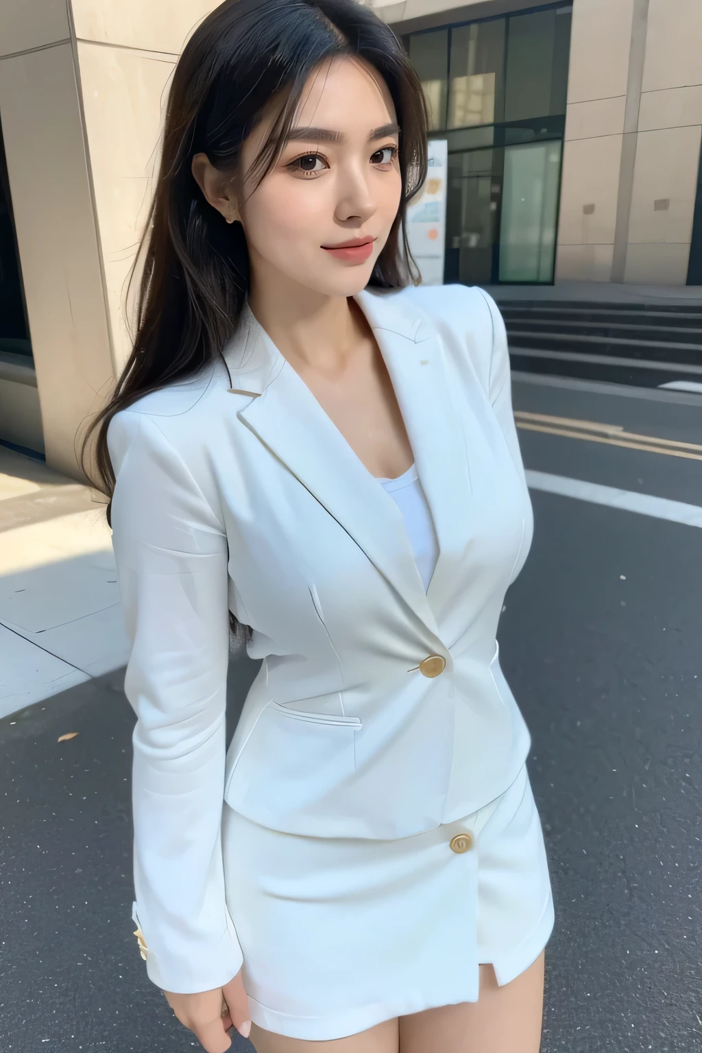 (8k, best quality, masterpiece, golden ratio composition,:1.3),(A beautiful Japanese mature female, 34 years old, Asian face, white suit, white mini skirt,smile:1.2), (huge breasts:1.1), (Zoom out shot:1.3), city,