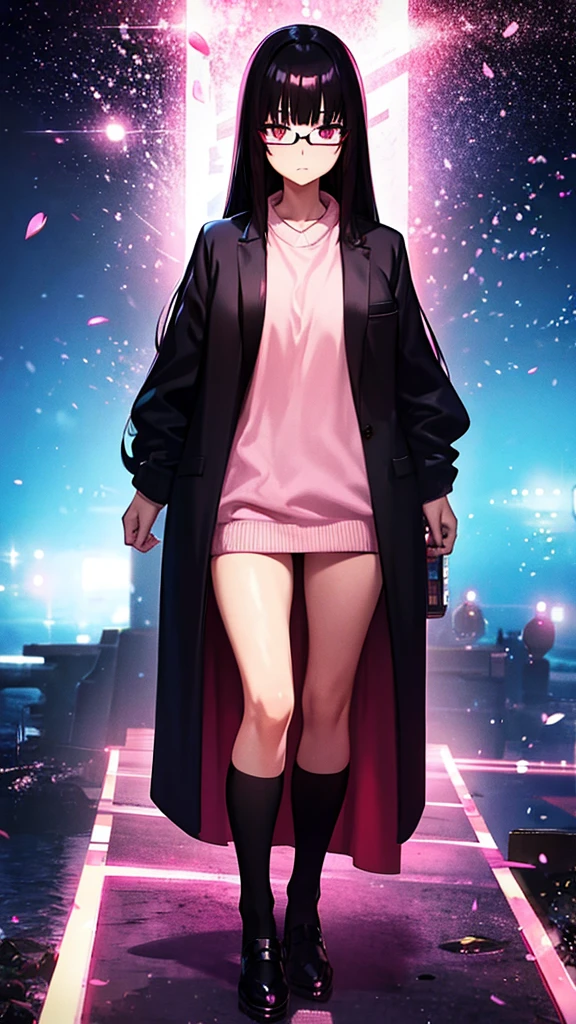1woman, long hair, black hair, pink eyes, glasses, blunt bangs, Straight hair, loraeyes, loraeyes, anime, 8k, 4k, high Quality,