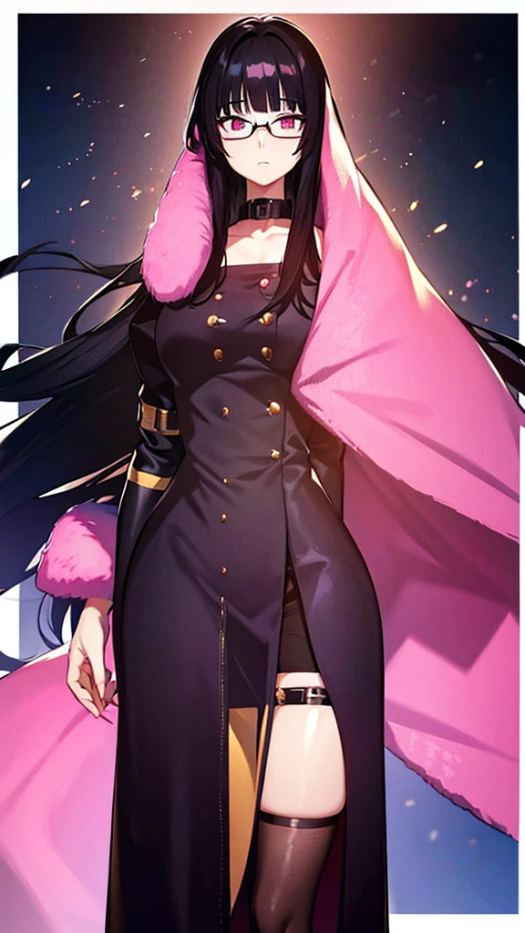 1woman, long hair, black hair, pink eyes, glasses, blunt bangs, Straight hair, loraeyes, loraeyes, anime, 8k, 4k, high Quality,