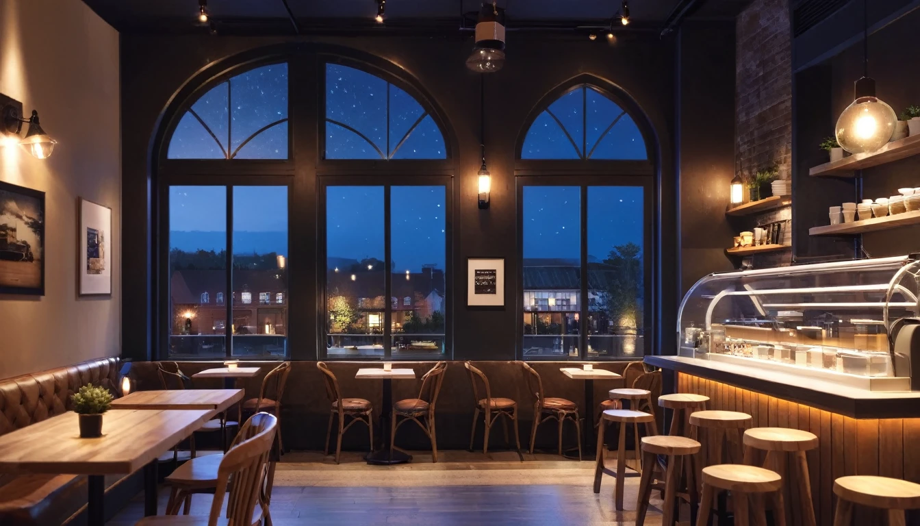 cozy coffee shop interior at night with a big window in the center
